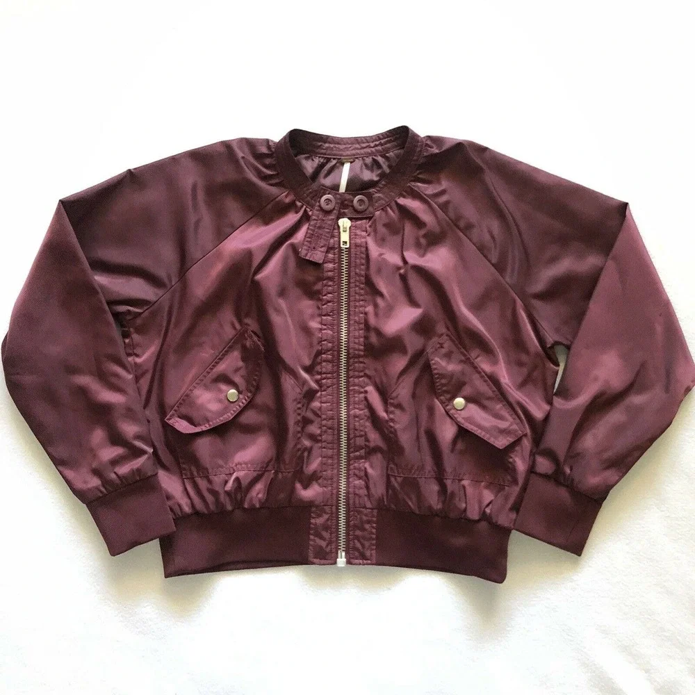 Free People Women Satin Midnight Bomber Full Zip Jacket Maroon Burgundy Red S - Picture 1 of 12